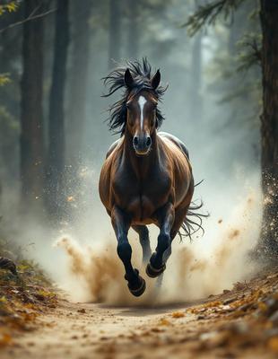 Primary subject: A brown horse running through a forest.

Setting/background: The horse is running down a dirt road surrounded by trees.

Visual style: The image is a photo of the horse in motion.

Colors and mood: The photo has a sepia tone, giving it a warm and nostalgic atmosphere.