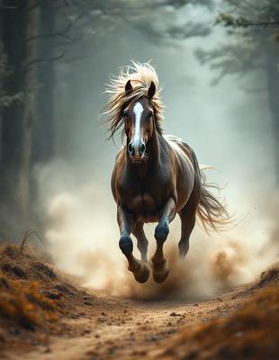 Primary subject: A brown horse with blonde hair running through a forest.

Setting/background: The horse is running through a forest, with trees and dirt visible in the background.

Visual style: The image is a photo of the horse in motion.

Colors and mood: The dominant colors are brown and green, with the horse's blonde hair adding a contrasting element. The overall atmosphere is energetic and dynamic, as the horse is captured in motion.