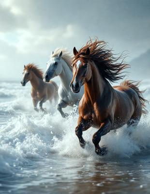 Primary subject: Three horses running through the ocean.

Setting/background: The ocean, with waves and water.

Visual style: Digital art.

Colors and mood: The image is in black and white, giving it a classic and timeless feel. The horses are running through the water, creating a sense of freedom and energy.