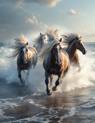 Primary subject: Horses running in the ocean.
Setting/background: Ocean waves and water.
Visual style: Digital art.
Colors and mood: The image is in black and white, giving it a classic and timeless feel.