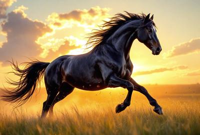 Primary subject: A black horse running in a field.

Setting/background: The horse is running in a field with grass, and the sun is setting in the background.

Visual style: The image is a photo of the horse running in the field.

Colors and mood: The dominant colors are orange and yellow, which create a warm and vibrant atmosphere. The horse's black color contrasts with the sunset, adding a sense of motion and energy to the scene.