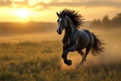 Primary subject: A horse running in a field.

Setting/background: The horse is running in a grassy field with a sunset in the background.

Visual style: The image is a photo of the horse running in the field.

Colors and mood: The dominant colors are orange and yellow, creating a warm and vibrant atmosphere. The horse's movement and the sunset in the background evoke a sense of freedom and energy.