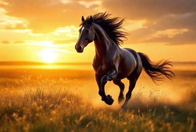 Primary subject: A horse running in a field.

Setting/background: The horse is running in a field with grass and a sunset in the background.

Visual style: The image is a photo of the horse running in the field.

Colors and mood: The dominant colors are orange and yellow, creating a warm and vibrant atmosphere. The sunset in the background adds a sense of tranquility and beauty to the scene.