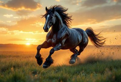 Primary subject: A horse running in a field.

Setting/background: The horse is running in a grassy field with a sunset in the background.

Visual style: The image is a photo of the horse in motion.

Colors and mood: The colors in the image are warm and vibrant, with the sunset creating a serene and peaceful atmosphere.