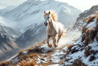 Primary subject: A white horse running on a snowy mountain trail.

Setting/background: The horse is running on a snow-covered mountain trail, with a mountainous background.

Visual style: The image is a photo of the horse running in the snow.

Colors and mood: The dominant colors are white, gray, and brown, with a cold and snowy atmosphere.
