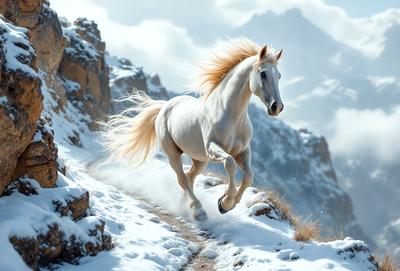 Primary subject: A white horse running on a snowy mountain.

Setting/background: The horse is running on a snow-covered mountain, with a rocky terrain visible in the background.

Visual style: The image is a photo of the horse in motion.

Colors and mood: The dominant colors are white and snowy, creating a cold and wintry atmosphere.