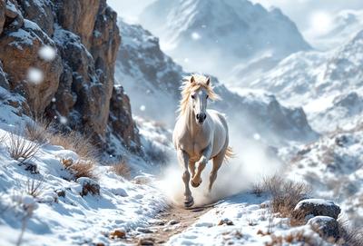 Primary subject: A white horse running on a snowy path.

Setting/background: The horse is running on a snow-covered mountain trail, with a rocky cliff in the background.

Visual style: The image is a digital artwork, featuring a white horse with a blurred background.

Colors and mood: The dominant colors are white and snowy shades, creating a serene and wintry atmosphere.
