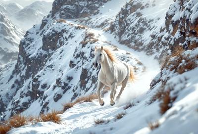 Primary subject: A white horse running down a snowy mountain.

Setting/background: The horse is running down a snowy mountain, with a rocky terrain visible in the background.

Visual style: The image is a photo of the horse running in the snow.

Colors and mood: The dominant colors are white and snowy, creating a cold and wintry atmosphere.