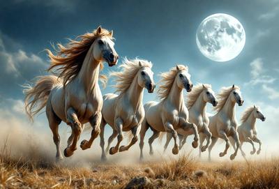 Primary subject: A group of white horses running in a field.

Setting/background: The horses are running in a field with a moon in the background.

Visual style: The image is a digital artwork.

Colors and mood: The image has a warm and serene atmosphere, with the white horses and the moon creating a sense of tranquility.