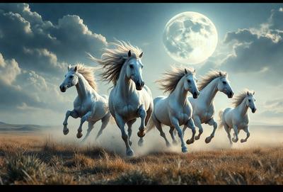 Primary subject: A group of white horses running in a field.

Setting/background: The horses are running in a field with a cloudy sky above.

Visual style: The image is a digital artwork featuring a group of white horses.

Colors and mood: The image has a warm and dynamic atmosphere, with the white horses and the cloudy sky creating a sense of motion and energy.