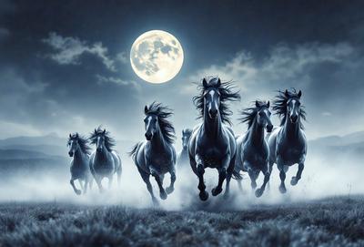 Primary subject: Horses
Setting/background: A dark, cloudy night with a full moon
Visual style: Digital art
Colors and mood: The image is in black and white, giving it a dramatic and moody atmosphere.