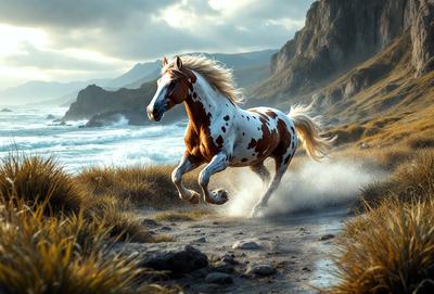 Primary subject: A brown and white horse running on a beach.

Setting/background: The horse is running on a beach near the ocean, with mountains in the background.

Visual style: The image is a digital art or illustration of the horse running on the beach.

Colors and mood: The dominant colors are brown and white, with a sense of freedom and energy.