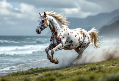 Primary subject: A brown and white spotted horse running on a grassy field.

Setting/background: The horse is running on a grassy field near the ocean, with mountains in the background.

Visual style: The image is a photo of the horse in motion.

Colors and mood: The horse has brown and white spots, and the overall atmosphere is energetic and dynamic.