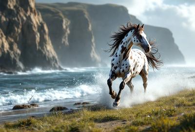 Primary subject: A brown and white spotted horse running on a grassy field.

Setting/background: The horse is running on a grassy field near a body of water, with a mountain in the background.

Visual style: The image is a photo of the horse in motion.

Colors and mood: The horse has brown and white spots, and the overall atmosphere is energetic and dynamic.