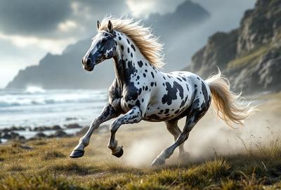 Primary subject: A spotted horse running on a grassy field.

Setting/background: The horse is running on a grassy field with mountains in the background.

Visual style: The image is a photo of the horse in motion.

Colors and mood: The horse is black and white, and the overall atmosphere is energetic and dynamic.