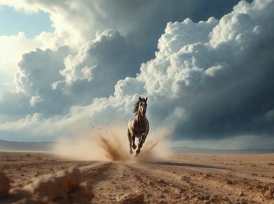 Primary subject: A horse running on a dirt road.

Setting/background: The horse is running on a dirt road, with a cloudy sky in the background.

Visual style: The image is a photo of the horse running.

Colors and mood: The image has a sepia tone, giving it a vintage and nostalgic feel. The horse's movement and the cloudy sky create a sense of motion and dynamism.