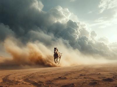 Primary subject: A horse running on a dirt road.

Setting/background: The horse is running on a dirt road, with a cloudy sky in the background.

Visual style: The image is a photo of the horse running on the dirt road.

Colors and mood: The image has a sepia tone, giving it a vintage and nostalgic feel. The horse's movement and the cloudy sky create a sense of motion and dynamism in the scene.