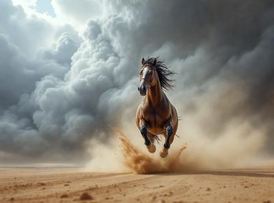 Primary subject: A brown horse running on a dirt road.

Setting/background: The horse is running on a dirt road, with a cloudy sky in the background.

Visual style: The image is a photo of the horse in motion.

Colors and mood: The dominant colors are brown and gray, with a somewhat dramatic and dynamic mood.