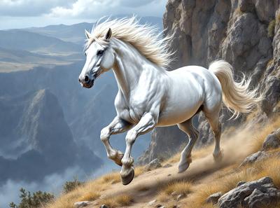 Primary subject: A white horse running on a hill.

Setting/background: The horse is running on a hill with a mountain in the background.

Visual style: The image is a digital art illustration of a white horse running.

Colors and mood: The image has a vibrant and energetic atmosphere, with the white horse as the main focus.