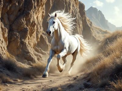 Primary subject: A white horse running on a dirt road.

Setting/background: The horse is running on a dirt road, with a rocky hillside in the background.

Visual style: The image is a photo of the horse in motion.

Colors and mood: The image has a warm and natural color palette, with the white horse standing out against the dirt road and rocky hillside.