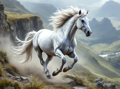 Primary subject: A white horse with blonde hair running through a mountainous area.

Setting/background: The horse is running through a mountainous area with a rocky landscape.

Visual style: The image is a digital artwork of a white horse with blonde hair.

Colors and mood: The image has a vibrant and dynamic color palette, with the white horse and blonde hair standing out against the rocky mountainous backdrop. The overall atmosphere is energetic and adventurous