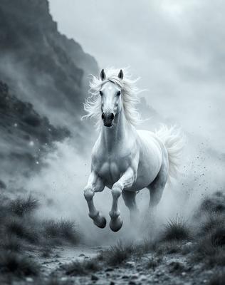 Primary subject: A white horse with blonde hair running through a field.

Setting/background: The horse is running through a grassy field with mountains in the background.

Visual style: The image is a digital art or illustration of the horse running.

Colors and mood: The image has a black and white color scheme, giving it a dramatic and artistic feel.