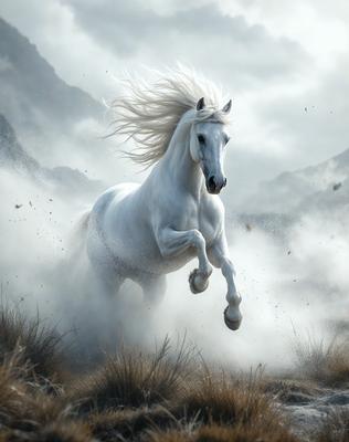 Primary subject: A white horse with blonde hair running through a field.

Setting/background: The horse is running through a field with mountains in the background.

Visual style: The image is a digital art illustration.

Colors and mood: The image has a vibrant and lively atmosphere, with the white horse and blonde hair standing out against the backdrop of the field and mountains.