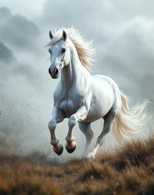 Primary subject: A white horse running in a field.

Setting/background: The horse is running in a grassy field with a mountain in the background.

Visual style: The image is a photo of the horse in motion.

Colors and mood: The image has a sepia tone, giving it a warm and nostalgic atmosphere.