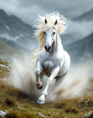 Primary subject: A white horse with blonde hair running through a field.

Setting/background: The horse is running through a grassy field with mountains in the background.

Visual style: The image is a digital artwork featuring a white horse with blonde hair.

Colors and mood: The image has a vibrant and lively atmosphere, with the white horse and blonde hair standing out against the green grass and mountain backdrop.