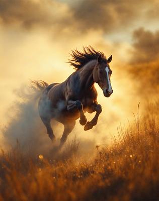 Primary subject: A brown horse running through a field of tall grass.

Setting/background: The horse is running through a field of tall grass, with a sunset in the background.

Visual style: The image is a photo of the horse in motion.

Colors and mood: The dominant colors are brown and orange, with a warm and lively atmosphere.