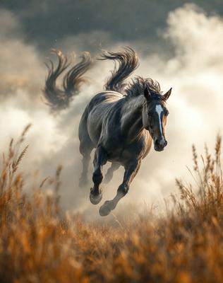 Primary subject: A horse running through a field of tall grass.

Setting/background: The horse is running through a field of tall grass, with a cloudy sky in the background.

Visual style: The image is a photo of the horse in motion.

Colors and mood: The dominant colors are green and brown, with a slightly hazy atmosphere.