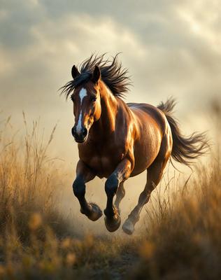 Primary subject: A brown horse with a white face running through a field.

Setting/background: The horse is running through a field with tall grass, and there is a cloudy sky in the background.

Visual style: The image is a photo of the horse in motion.

Colors and mood: The dominant colors are brown and white, with a slightly cloudy atmosphere. The mood of the image is energetic and dynamic, as the horse is captured in motion.