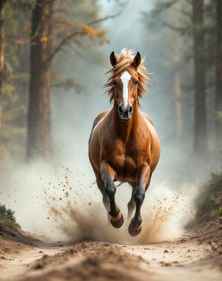 Primary subject: A brown horse with a white face running through a forest.

Setting/background: The horse is running through a forest, with trees and dirt visible in the background.

Visual style: The image is a photo of the horse in motion.

Colors and mood: The horse has a brown coat with a white face, and the forest has a natural, earthy tone. The overall atmosphere is energetic and dynamic.