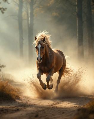 Primary subject: A brown horse with blonde hair running through a dirt road.

Setting/background: The horse is running through a dirt road surrounded by trees.

Visual style: The image is a photo of the horse in motion.

Colors and mood: The image has a warm and natural color palette, with the brown horse and the dirt road creating a sense of movement and energy.