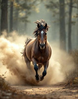 Primary subject: A brown horse running through a forest.

Setting/background: The horse is running on a dirt road surrounded by trees.

Visual style: The image is a photo of the horse in motion.

Colors and mood: The photo has a warm and natural color palette, with the brown horse and the green forest creating a sense of movement and freedom.