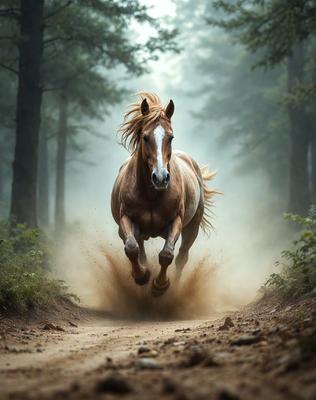 Primary subject: A brown horse running through a forest.

Setting/background: The horse is running through a forest, surrounded by trees.

Visual style: The image is a photo of the horse in motion.

Colors and mood: The dominant colors are brown and green, with a natural and lively atmosphere.