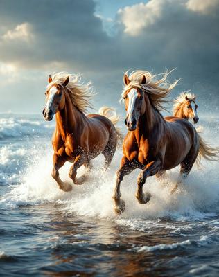 Primary subject: Three horses running through the ocean.

Setting/background: The ocean, with waves and water.

Visual style: The image is a photo of the three horses running through the ocean.

Colors and mood: The image is in black and white, giving it a classic and timeless feel. The horses and the ocean create a sense of freedom and adventure.
