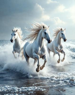 Primary subject: Three white horses running through the ocean.

Setting/background: The ocean, with waves and water.

Visual style: The image is a photo of the three white horses running through the ocean.

Colors and mood: The image is in black and white, giving it a classic and timeless feel. The horses and the ocean create a sense of freedom and movement.