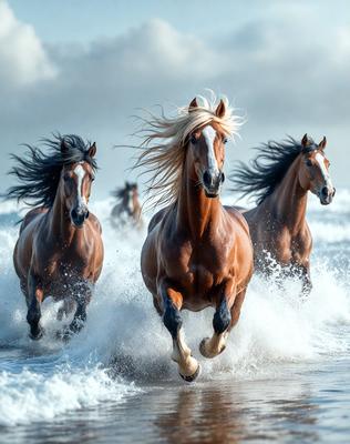 Primary subject: Horses running in the ocean.
Setting/background: Ocean waves and water.
Visual style: Photo.
Colors and mood: The image is in black and white, giving it a classic and timeless feel.