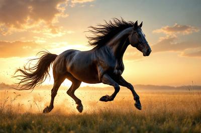 Primary subject: A horse running in a field.

Setting/background: The horse is running in a field with grass, and the sun is setting in the background.

Visual style: The image is a photo of the horse running in the field.

Colors and mood: The dominant colors are orange and yellow, which create a warm and vibrant atmosphere. The sunset adds a sense of tranquility and beauty to the scene.