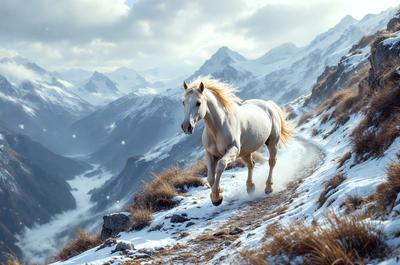 Primary subject: A white horse running on a snowy mountain trail.

Setting/background: The horse is running on a snow-covered mountain trail, with a beautiful mountain range in the background.

Visual style: The image is a photo of the horse running in the snow.

Colors and mood: The image has a cold and serene atmosphere, with the white horse and snowy mountain trail creating a sense of tranquility and beauty.