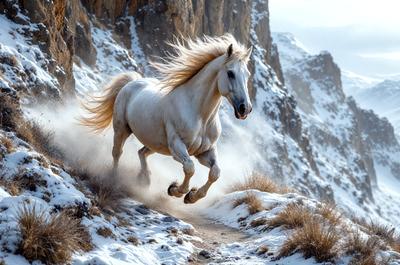 Primary subject: A white horse with blonde hair running on a snowy hill.

Setting/background: The horse is running on a snow-covered hill, with a mountain in the background.

Visual style: The image is a photo of the horse in motion.

Colors and mood: The dominant colors are white and snowy, creating a cold and wintry atmosphere.