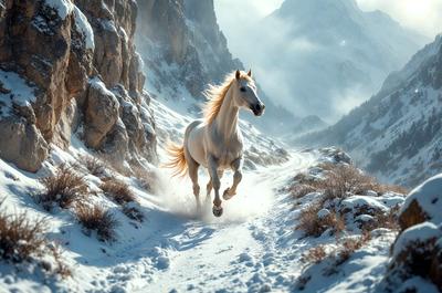 Primary subject: A white horse running through the snow.

Setting/background: The horse is running down a snowy path, surrounded by a mountainous landscape.

Visual style: The image is a digital artwork, featuring a white horse with a flowing mane.

Colors and mood: The dominant colors are white and snowy, creating a serene and wintry atmosphere.