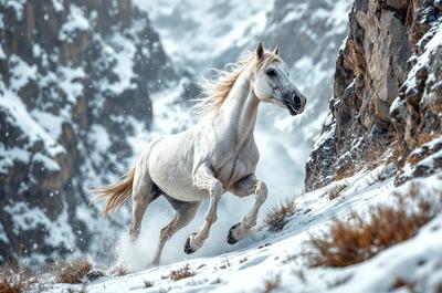 Primary subject: A white horse running on a snowy hill.

Setting/background: The horse is running on a snow-covered hill, with a mountain in the background.

Visual style: The image is a photo of the horse in motion.

Colors and mood: The dominant colors are white and gray, with a cold and snowy atmosphere.
