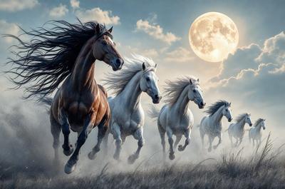 Primary subject: A group of white horses running in a field.

Setting/background: The horses are running in a field with a cloudy sky above.

Visual style: The image is a digital art or illustration of the horses running.

Colors and mood: The image has a warm and dynamic atmosphere, with the white horses and the cloudy sky creating a sense of motion and energy.