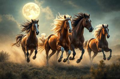 Primary subject: Horses
Setting/background: A field with a moon in the sky
Visual style: Digital art
Colors and mood: The image is in black and white, giving it a classic and timeless feel.