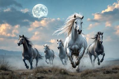 Primary subject: White horse running in a field.
Setting/background: A field with clouds in the background.
Visual style: Digital art.
Colors and mood: The image is in black and white, giving it a classic and timeless feel.