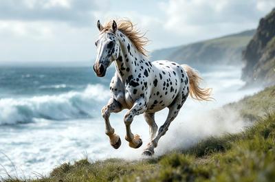 Primary subject: A white and black spotted horse running on a grassy hill near the ocean.

Setting/background: The horse is running on a grassy hill near the ocean, with the water visible in the background.

Visual style: The image is a photo of the horse in motion.

Colors and mood: The horse is predominantly white with black spots, and the overall atmosphere is energetic and dynamic.