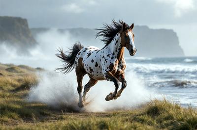 Primary subject: A brown and white spotted horse running on a beach.

Setting/background: The horse is running on a beach near the ocean, with waves crashing in the background.

Visual style: The image is a photo of the horse running on the beach.

Colors and mood: The horse has brown and white spots, and the overall atmosphere is energetic and dynamic, as the horse is in motion.