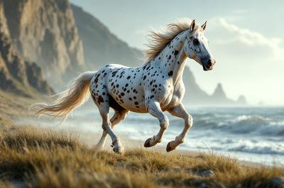 Primary subject: A white and brown spotted horse running on a beach.

Setting/background: The horse is running on a sandy beach near the ocean.

Visual style: The image is a photo of the horse running on the beach.

Colors and mood: The dominant colors are white, brown, and blue, with a lively and energetic atmosphere.
